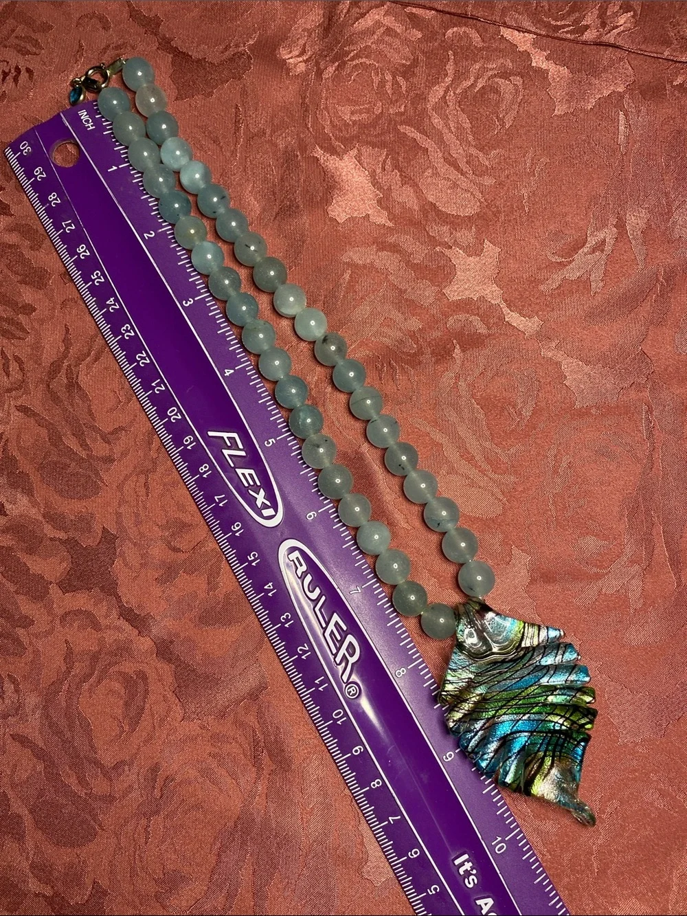 Blue Beaded Necklace with Dichroic Glass Leaf Pendant